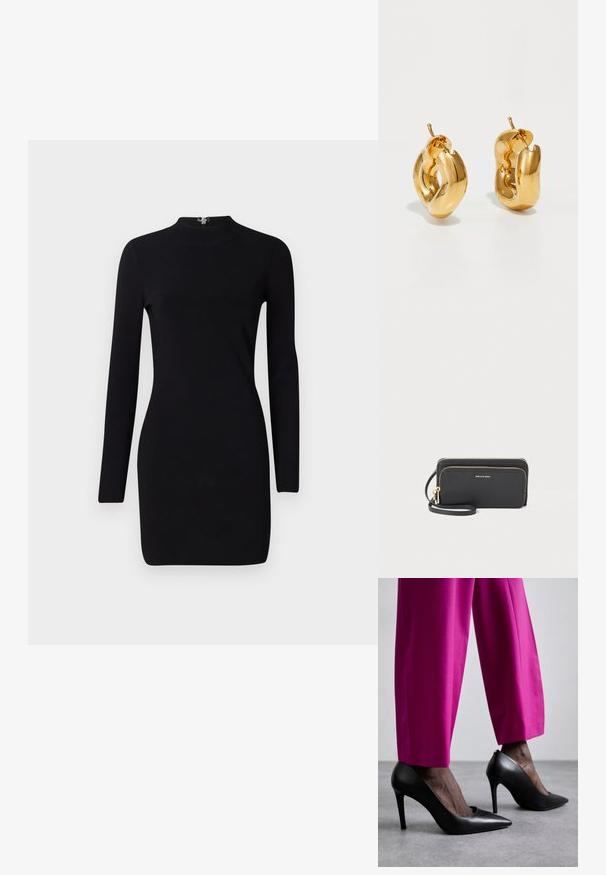 Schwarzes Langarmkleid mit taillierter Silhouette, hohem Kragen und einem Reißverschluss auf der Rückseite. Sanfte Textur und elastischer Stoff. Keine Muster oder Akzente.; Schwarze High-Heels mit einer spitzen Zehenform und glatter Lederoberfläche. Kombiniert mit knallroten, maßgeschneiderten Hosen.; Schwarze Leder-Reißverschluss-Geldbörse mit strukturiertem Finish, goldenen Hardware-Akzenten und einem abnehmbaren Handgelenkriemen. Verfügt über zwei Fächer und genähte Details.; Fette goldene Creolen mit einem leicht verdrehten, röhrenförmigen Design und Steckverschlüssen auf einem weißen Hintergrund.