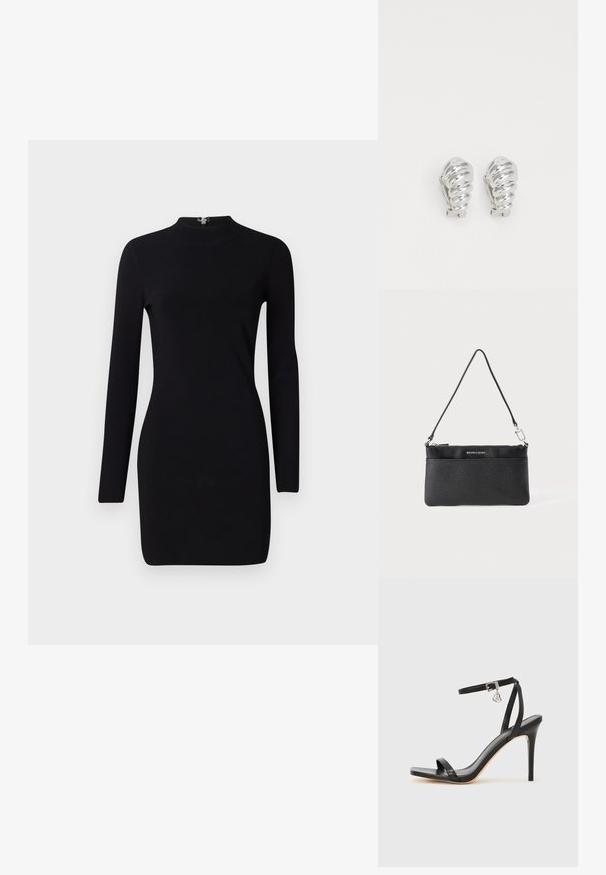 Schwarzes Langarmkleid mit taillierter Silhouette, hohem Kragen und einem Reißverschluss auf der Rückseite. Sanfte Textur und elastischer Stoff. Keine Muster oder Akzente.; Schwarze High-Heel-Sandale mit schmalem Knöchelriemen, quadratischer Zehenbox, glattem Leder und metallischem Schnallenakzent.; Schwarze Leder-Wristlet, strukturierte Oberfläche, Reißverschlussverschluss, silberfarbene Hardware, Markenlogo, verstellbarer Riemen. Kompakter und rechteckiger Zuschnitt.; Silberne Clip-On-Ohringe mit spiralförmigem Design, das eine glatte metallische Textur und abgerundete Formen aufweist. Keine sichtbaren Verzierungen oder Muster.