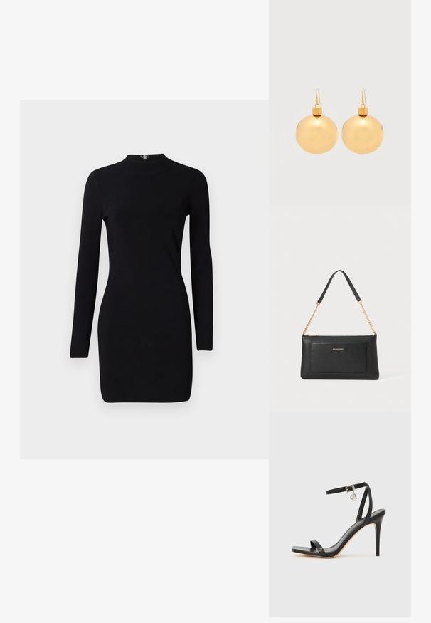 Schwarzes Langarmkleid mit taillierter Silhouette, hohem Kragen und einem Reißverschluss auf der Rückseite. Sanfte Textur und elastischer Stoff. Keine Muster oder Akzente.; Schwarze High-Heel-Sandale mit schmalem Knöchelriemen, quadratischer Zehenbox, glattem Leder und metallischem Schnallenakzent.; Schwarze Ledertasche mit einer Kieseloberfläche, goldener Kettenriemen und einer Fronttasche. Auf der Vorderseite befindet sich ein goldenes Logo.; Paar glänzende goldene Weihnachtskugel-Ohrringe mit Hakenverschlüssen auf einfachem weißem Hintergrund.