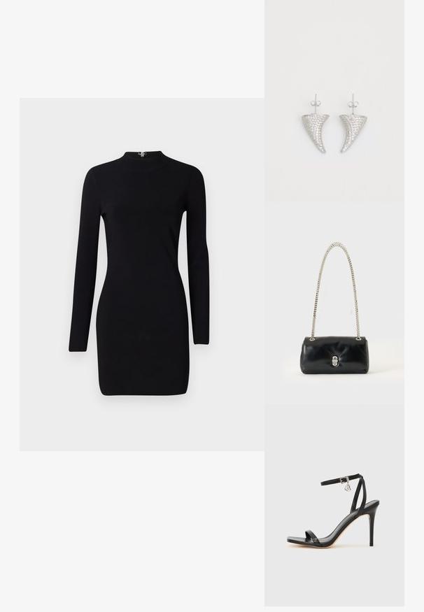 Schwarzes Langarmkleid mit taillierter Silhouette, hohem Kragen und einem Reißverschluss auf der Rückseite. Sanfte Textur und elastischer Stoff. Keine Muster oder Akzente.; Schwarze High-Heel-Sandale mit schmalem Knöchelriemen, quadratischer Zehenbox, glattem Leder und metallischem Schnallenakzent.; Schwarze Lederhandtasche mit silbernem Kettenriemen und silbernem Verschluss, vor einem schlichten, hellen Hintergrund dargestellt.; Silberne, hornförmige Ohrringe, besetzt mit kleinen klaren Steinen, mit einem Steckverschluss zur Befestigung. Glatte Textur und metallisches Finish.