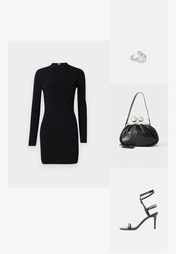 Robe noire à manches longues avec une silhouette ajustée, col haut et fermeture éclair au dos. Texture lisse et tissu extensible. Sans motifs ni accents.; Sandale noire à talon haut avec fine bride à la cheville, bride médiane décorée de maillons de chaîne argentés, et design à bout ouvert.; Sac à main en cuir noir avec un design plissé, une sangle unique, un cadre métallique argenté et deux grandes fermoirs ronds en argent.; Maria Black RIVER EARCUFF - Boucles d'oreilles - silver
