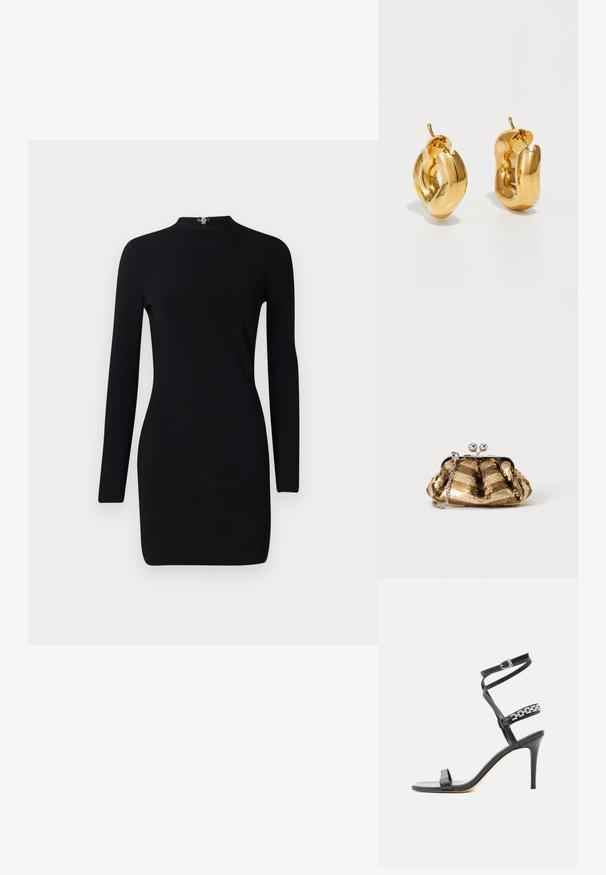 Schwarzes Langarmkleid mit taillierter Silhouette, hohem Kragen und einem Reißverschluss auf der Rückseite. Sanfte Textur und elastischer Stoff. Keine Muster oder Akzente.; Schwarze Sandalette mit hohem Absatz, schlankem Knöchelriemen, Mittelriemen verziert mit silbernen Kettengliedern und offenem Zehendesign.; Kleine goldene Pailletten-Clutch mit silbernem Verschluss und kurzem silbernem Kettenhenkel auf einfarbig hellem Hintergrund.; Fette goldene Creolen mit einem leicht verdrehten, röhrenförmigen Design und Steckverschlüssen auf einem weißen Hintergrund.