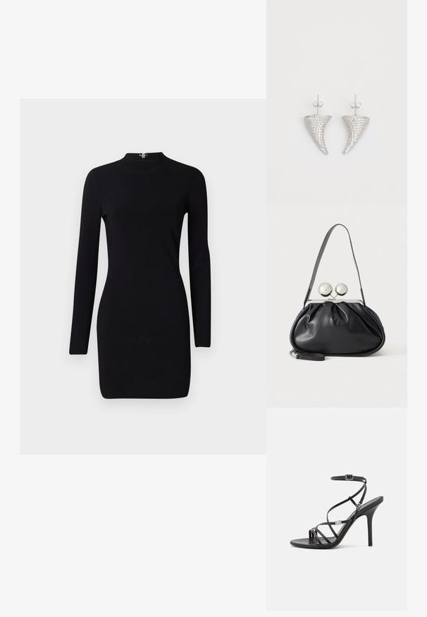 Schwarzes Langarmkleid mit taillierter Silhouette, hohem Kragen und einem Reißverschluss auf der Rückseite. Sanfte Textur und elastischer Stoff. Keine Muster oder Akzente.; Schwarze High-Heel-Sandale mit dünnen Riemen, einem Knöchelverschluss, einer glatten Lederoberfläche und einem schlanken Stiletto-Absatz.; Schwarze Ledertasche mit gerafftem Design, einem einzelnen Riemen, silbernem Metallrahmen und zwei großen runden silbernen Verschlüssen.; Silberne, hornförmige Ohrringe, besetzt mit kleinen klaren Steinen, mit einem Steckverschluss zur Befestigung. Glatte Textur und metallisches Finish.