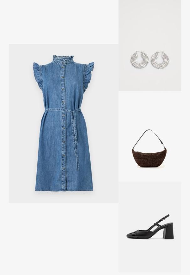 Denimkjole med høj hals, flagrende ærmer, knaplukning foran, bæltestropp i taljen og knælangt design i lys blå. Tekstureret, afslappet stof.; Sorte patentlæder slingback hæle med spids tå, blokhæl og justerbar rem. Glat tekstur og minimalistisk design.; Brun vævet håndtaske i halvmåneform med sort justerbar skulderrem og metal spænde på hvid baggrund.; Sølvøreringe med flere klare krystaludsmykninger, med en struktureret overflade og et åbent rundt design.