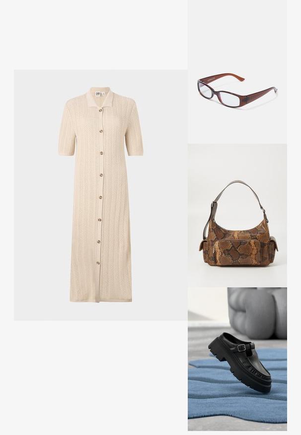 Robe en tricot beige avec un col, des manches courtes et une fermeture à boutons sur le devant. Présente un motif texturé et une coupe longue et décontractée.; Mocassin en cuir noir avec semelle crantée épaisse et boucle argentée, positionné en angle sur un tapis bleu texturé.; Lunettes rectangulaires teintées de brun avec une finition brillante, dotées de branches fines et de verres transparents. Logo visible sur la branche gauche.; Sac à main en imitation serpent marron avec une surface texturée, un design arrondi, une bandoulière unique et une poche zippée à l'avant.