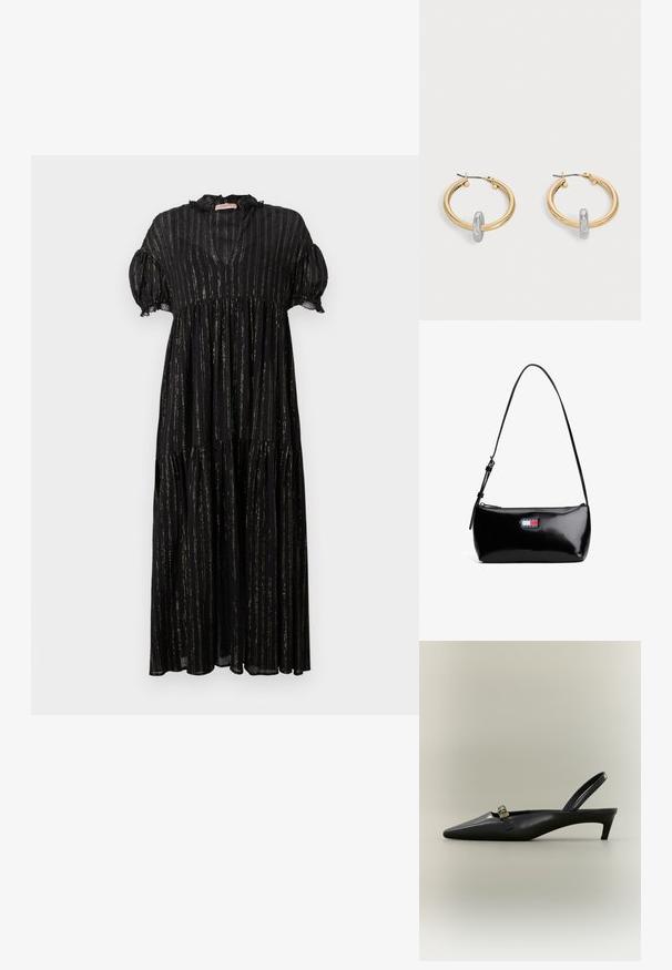 Vestido negro con mangas cortas abullonadas, escote en V y diseño en capas. Presenta rayas doradas verticales y detalles de encaje a lo largo del escote.; Zapato de tacón bajo tipo kitten en piel negra con talón descubierto, punta puntiaguda y hebilla pequeña color dorado sobre un fondo liso.; Bolso de hombro de charol negro con una correa curva, cierre de cremallera y un parche de logo rectangular en rojo, blanco y azul.; Par de pendientes de aro en tono dorado con pequeño detalle de aro en tono plateado en cada uno, expuestos sobre un fondo gris claro.