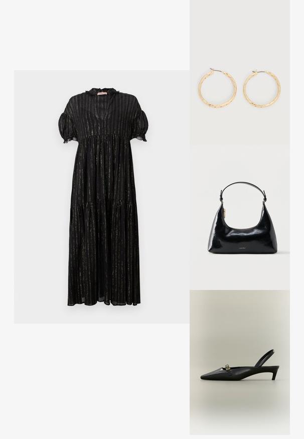 Robe noire avec des manches bouffantes courtes, un col en V et un design à volants. Présente des rayures verticales dorées et des accents en dentelle le long de l'encolure.; Escarpin slingback en cuir noir avec talon kitten, bout pointu et petite boucle dorée sur un fond uni.; Sac à main Calvin Klein noir brillant avec fermeture éclair dorée et anse courte sur fond blanc uni.; Paire de boucles d'oreilles créoles texturées en ton or avec tiges fines sur fond blanc.