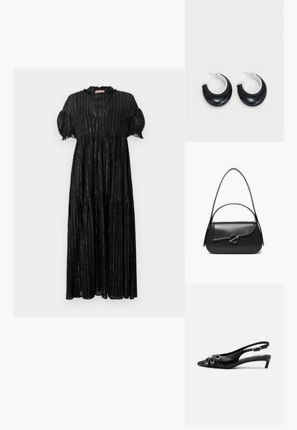 Robe noire avec des manches bouffantes courtes, un col en V et un design à volants. Présente des rayures verticales dorées et des accents en dentelle le long de l'encolure.; Chaussure slingback en cuir noir avec bout pointu, trois boucles argentées à l'avant et petit talon kitten sur fond blanc.; Sac à bandoulière en cuir noir avec un rabat incurvé fermé par un fermoir métallique rond et une sangle fine et ajustable.; Boucles d'oreilles en résine noire avec une finition brillante et des accents en métal argenté. Forme circulaire avec une découpe et une fermeture à tige.