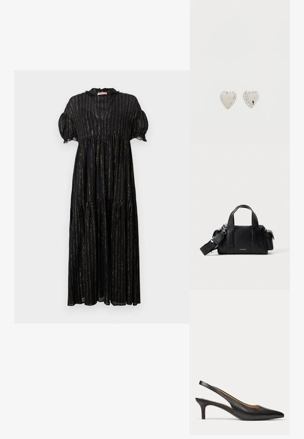 Schwarzes Kleid mit kurzen Puffärmeln, einem V-Ausschnitt und einem gestuften Design. Verfügt über vertikale goldene Streifen und Spitzenakzente entlang des Ausschnitts.; Schwarzer Leder-Slingback-Schuh mit spitzer Zehenpartie, niedrigem Kittenabsatz und dünnem Riemen um die Ferse.; Schwarze Lederhandtasche mit doppelten oberen Griffen und einem abnehmbaren Schultergurt. Verfügt über einen Reißverschluss und ein dezentes Logo auf der Vorderseite.; Silberne, herzförmige Ohrringe mit Strassakzenten entlang der Kante. Polierte Oberfläche mit eingraviertem "GUESS"-Schriftzug auf der Vorderseite.