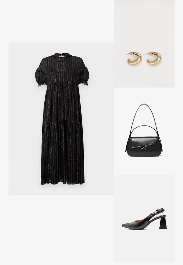 Schwarzes Kleid mit kurzen Puffärmeln, einem V-Ausschnitt und einem gestuften Design. Verfügt über vertikale goldene Streifen und Spitzenakzente entlang des Ausschnitts.; Schwarzer Slingback-Schuh aus Leder mit spitzer Zehenpartie, gerafftem elastischem Riemen und klobigem trapezförmigem Absatz, Seitenansicht.; Schwarze Lederschultertasche mit einer geschwungenen Klappe, die durch einen runden Metallverschluss gesichert ist, und einem schlanken, verstellbaren Riemen.; Zwei glänzende goldene Creolen in einem geschwungenen Design mit orangefarbenen Akzenten nahe dem Stecker, vor einem schlichten weißen Hintergrund.