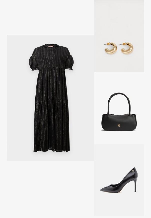 Robe noire avec des manches bouffantes courtes, un col en V et un design à volants. Présente des rayures verticales dorées et des accents en dentelle le long de l'encolure.; Escarpin en cuir noir à talon haut avec un bout pointu, présentant un design ajouré et un petit logo doré sur le talon.; Sac à main en cuir noir avec doubles poignées arrondies, fermeture éclair dorée et petit logo entrelacé doré au centre avant.; Deux boucles d'oreilles en forme de cerceau en or brillant, avec un design courbé, présentant des accents orange près de la tige, sur fond blanc uni.
