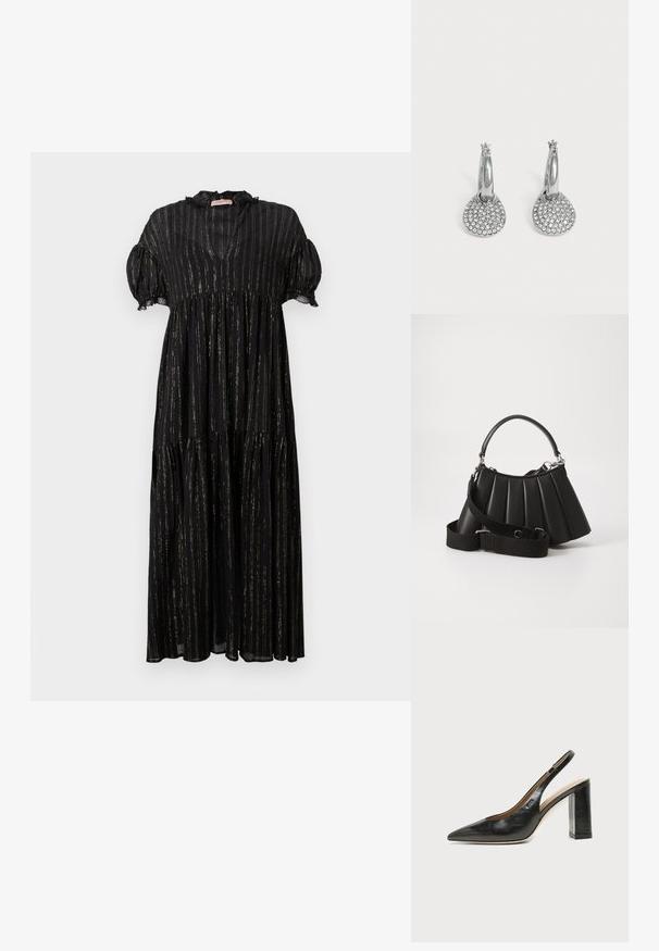 Vestido negro con mangas cortas abullonadas, escote en V y diseño en capas. Presenta rayas doradas verticales y detalles de encaje a lo largo del escote.; Zapato slingback de piel negra con puntera puntiaguda, tacón alto y ancho, y forro interior beige sobre un fondo claro y liso.; Bolso de mano negro con pliegues, manejo redondeado, correa ajustable y textura brillante. Presenta herrajes plateados y una silueta estructurada.; Pendientes de aro plateados con colgantes redondos y planos incrustados con pequeños cristales transparentes sobre un fondo claro y liso.