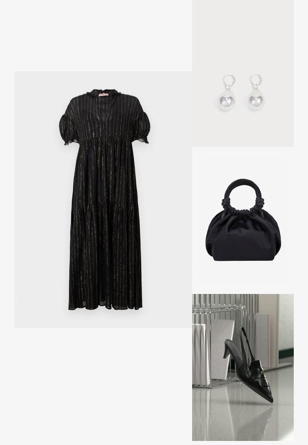 Robe noire avec des manches bouffantes courtes, un col en V et un design à volants. Présente des rayures verticales dorées et des accents en dentelle le long de l'encolure.; Chaussure à talon slingback en cuir noir à bout pointu avec franges et bouton doré, sur un sol réfléchissant près de porte-dossiers métalliques.; Sac à main en tissu noir doux avec haut froncé et poignées circulaires rembourrées nouées de chaque côté.; Boucles d'oreilles en argent en forme de goutte avec des surfaces lisses, rondes et réfléchissantes, suspendues à des fermoirs à ressort. L'arrière-plan est blanc uni.