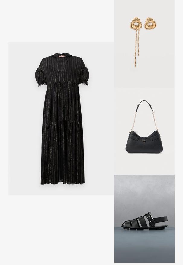 Schwarzes Kleid mit kurzen Puffärmeln, einem V-Ausschnitt und einem gestuften Design. Verfügt über vertikale goldene Streifen und Spitzenakzente entlang des Ausschnitts.; Schwarze Ledersandalen mit geflochtenem Design, offenem Zehenbereich und seitlicher Schnalle, auf Holzdielen mit Kieselsteinen gelegen.; Schwarze Handtasche mit strukturierter Oberfläche, geschwungener Silhouette und doppeltem Tragegurt aus Leder und Kette, mit goldenem Logo-Akzent.; Goldene Blumenohrringe mit strukturierten Blütenblättern und einem Ring aus kleinen klaren Steinen, ein Ohrring mit zwei herabhängenden Ketten winziger Steine.