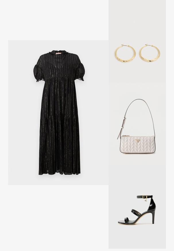 Schwarzes Kleid mit kurzen Puffärmeln, einem V-Ausschnitt und einem gestuften Design. Verfügt über vertikale goldene Streifen und Spitzenakzente entlang des Ausschnitts.; Schwarze Lackleder-Sandale mit drei Riemen, Knöchelriemen und 10 cm hohen Stiletto-Absatz. Verfügt über goldfarbene Hardware-Details und ein Logo-Charm.; Kleine weiße gesteppte Schultertasche mit verstellbarem Riemen und goldener Guess-Logo-Plakette mittig vorne.; Paar polierte goldene Creolen mit dünnen Stegen und Klappverschlüssen, auf einem schlichten hellgrauen Hintergrund präsentiert.