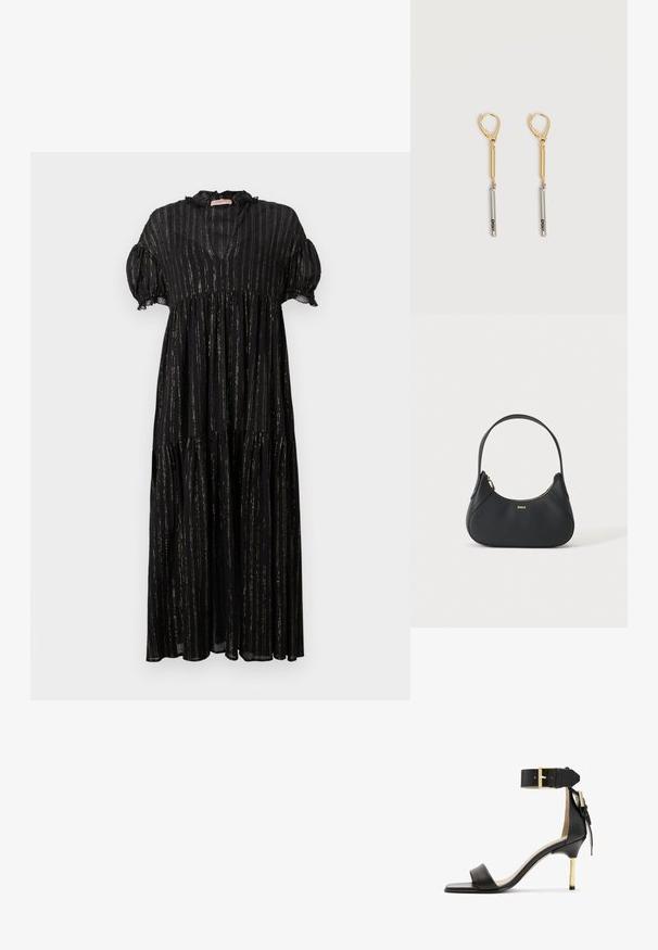 Robe noire avec des manches bouffantes courtes, un col en V et un design à volants. Présente des rayures verticales dorées et des accents en dentelle le long de l'encolure.; Sandale à talon en cuir noir avec un bout carré, une bride de cheville dotée d'une boucle en or et un talon métallique fin. Texture lisse, design minimaliste.; Sac à bandoulière en cuir noir avec une forme incurvée, fermeture éclair dorée et petit logo doré à l'avant, isolé sur fond clair.; Boucles d'oreilles pendantes en or et argent avec fermoirs à levier, présentant une barre en or reliée à une barre en argent gravée "DKNY" sur un fond blanc.