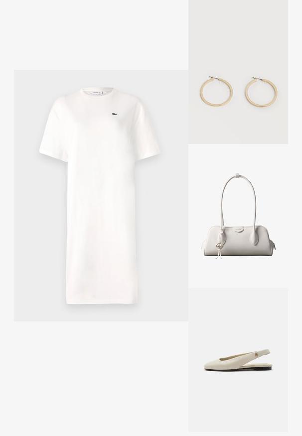 Vestido blanco de camiseta hecho de algodón, con cuello redondo, mangas cortas y un pequeño logo verde en el pecho. Silueta simple y recta.; Zapato plano slingback de cuero color crema con puntera redondeada y pequeño emblema dorado en la correa.; Bolso de hombro blanco de Calvin Klein con asas largas, forma rectangular, cierre de cremallera y charm decorativo con el logo colgando cerca del asa.; Par de pendientes de aro de tamaño mediano con tono dorado y cierre de bisagra sobre un fondo claro y liso.
