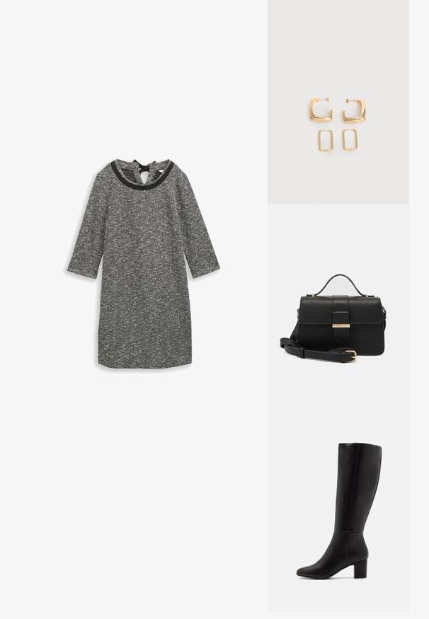 Grijze visgraat jurk met driekwart mouwen en een ronde halslijn. Heeft een sleutelgatdetail op de rug en een gestructureerde stof.; Anna Field by Zalando Laarzen - black; Zwarte leren handtas met gouden metalen accenten, rechthoekige vorm, flapsluiting, verstelbare schouderriem, soepele textuur, minimalistisch design.; Twee paar gouden geometrische creolen op een effen witte ondergrond, een paar vierkant en massief, een paar rechthoekig en hol.