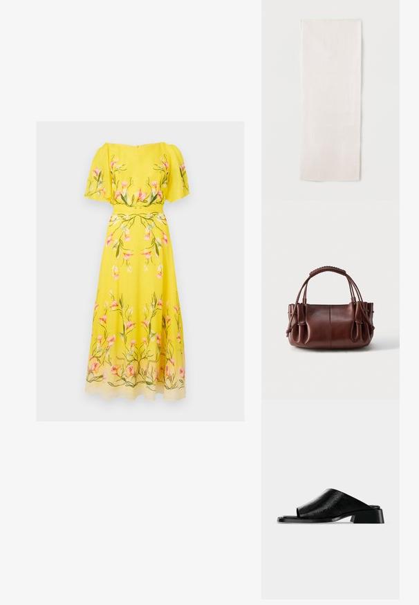 Robe midi jaune avec manches volantées, présentant un imprimé floral rose et vert et une taille ajustée.; Sandale noire en cuir à bout ouvert, avec un talon bloc bas et une tige à texture lisse, présentée sur un fond uni gris clair.; Écharpe longue et étroite en tissu blanc à texture lisse, présentée à plat sur un fond clair uni.; Sac à main en cuir marron avec côtés froncés, double poignée supérieure et finition douce légèrement texturée sur un fond uni.