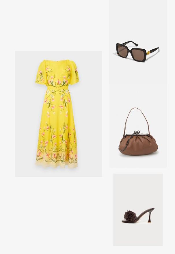 Robe midi jaune avec manches volantées, présentant un imprimé floral rose et vert et une taille ajustée.; Mule à talon haut marron foncé, à bout ouvert, avec une grande fleur en tissu sur la bride avant.; Lunettes de soleil écaille de tortue avec de grandes montures rectangulaires, verres marron, et accents en métal doré comportant un détail en pierre précieuse sur les branches.; Sac à main en cuir marron avec un design plissé, une courte poignée en cuir et une bandoulière en chaîne. Présente un fermoir en métal argenté avec deux accents ronds.