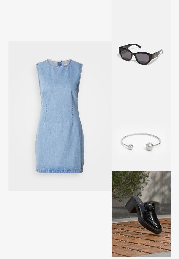 Denim kjole i lyseblå, ærmeløs design med rund halsudskæring og side sømdetaljer. Har en lige skæring og let tekstur.; Sort læder Calvin Klein slip-on mule med blokhæl, der hviler på trætøj udendørs nær en grøn plante og en grå væg.; Sorte solbriller med et strømlinet, vinklet design, mørke linser og et kontrasterende sølvlogo på siden. Glat plastoverflade.; Sølvmetal bangle armbånd med to sfæriske accenter i hver ende, glat overflade, åben design og slank, minimalistisk form.