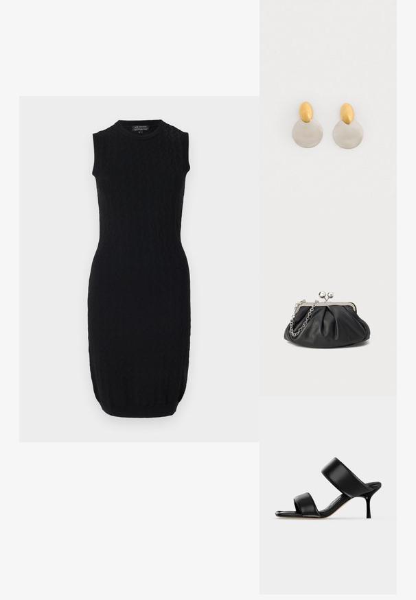 Schwarzes ärmelloses Kleid mit taillierter Form, texturiertem Muster und bandierter Säume. Hergestellt aus einem elastischen, gestrickten Material.; Schwarze Leder-Mule-Sandale mit zwei breiten Riemen und einem schlanken, mittelhohen Stilettoabsatz auf einem schlichten hellen Hintergrund.; Schwarze Leder-Clutch mit geraffter Textur, silberfarbener Metallrahmen, Druckverschluss und Kettenriemen. Glatte, weiche Oberfläche.; Ohrringe aus Gold und Silber mit einer runden Diskusbasis und einem ovalen Oberteil, glatte Textur und polierte Oberfläche.