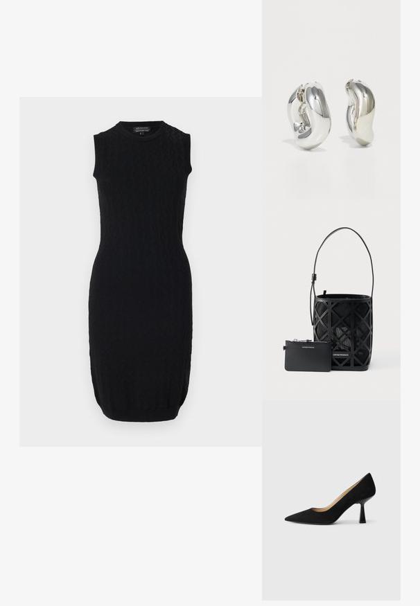 Schwarzes ärmelloses Kleid mit taillierter Form, texturiertem Muster und bandierter Säume. Hergestellt aus einem elastischen, gestrickten Material.; Schwarze Wildleder-Pumps mit hohem Absatz und spitzer Zehenform, ausgestattet mit einem glänzenden schwarzen Blockabsatz und einem glatten Innenfutter.; Schwarze Handtasche im Eimer-Stil mit geometrischem Ausschnittdesign und passender kleiner Reißverschlusstasche, beide mit Emporio Armani Marke versehen.; Silberne skulpturale Ohrringe mit glatten, geschwungenen Formen und reflektierenden Oberflächen. Sie verfügen über ein geschlossenes Ringdesign und eine ausgeprägte organische Form.