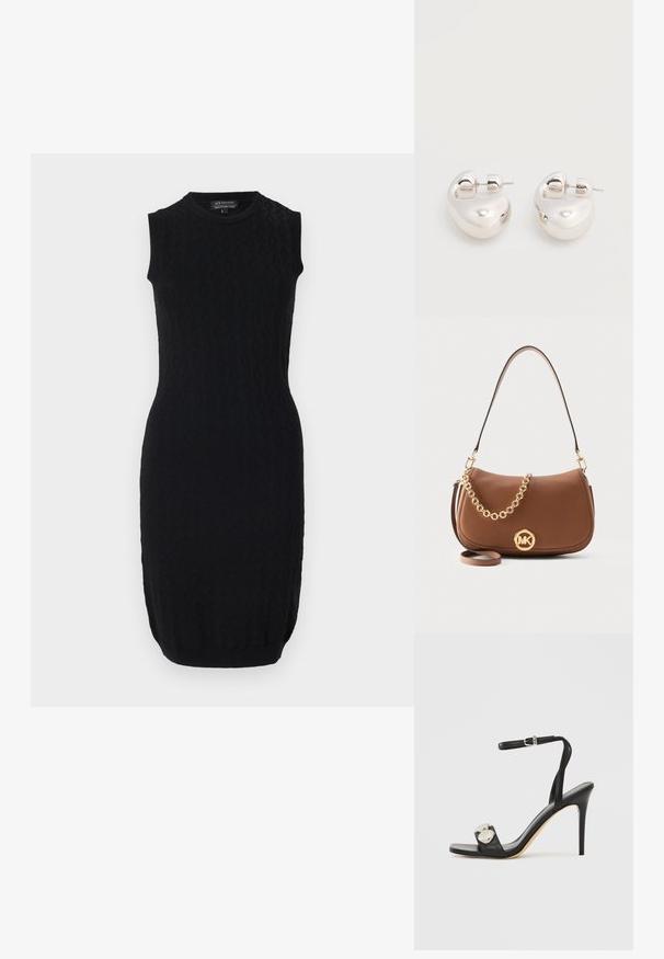 Robe sans manches noire avec une coupe ajustée, un motif texturé et un ourlet biseauté. Fabriquée en tissu tricoté extensible.; Sandale à talons hauts noire avec une bride à la cheville, présentant une tige en cuir lisse, un bout carré et deux accents métalliques ronds.; Sac épaule en cuir marron avec détail chaîne dorée et emblème logo MK à l'avant, doté de longues et courtes anses.; Paire de boucles d'oreilles argentées brillantes et épaisses avec fermoirs à tige, sur fond blanc uni.