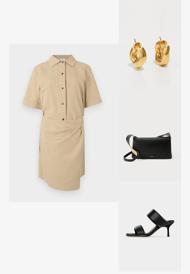Khaki korte mouw jurk met een knoopsluiting, knopen aan de voorkant, een ceintuur in de taille en een asymmetrische zoom. Gladde katoenen stof.; Zwarte leren mule sandaal met twee brede banden en een slanke, middelhoog stilettohak op een effen lichte achtergrond.; Zwarte leren schoudertas met een rechthoekige vorm, plat ontwerp, verstelbare schouderband en gouden logodetail aan de voorkant.; Dik gouden creolen met een licht gedraaide, buisvormige ontwerp en een schroefsluiting op een witte achtergrond.