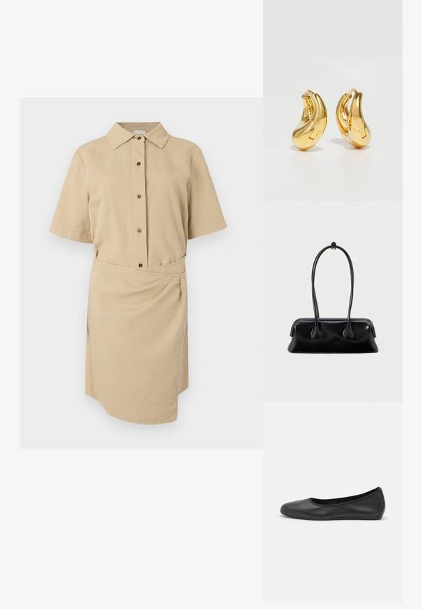 Vestido corto de manga corta color caqui con cuello abotonado, botones en la parte delantera, cintura ceñida con cinturón y dobladillo asimétrico. Tejido de algodón suave.; Bailarina de piel negra con punta redondeada, textura suave, detalle de costura minimalista y diseño de suela flexible.; Bolso de mano de cuero negro con dos asas alargadas, una textura suave y una base redondeada con detalles decorativos en los laterales.; Pendientes de aro de oro con forma curva y suave, y acabado pulido. Presentan un mecanismo de cierre y ligeras indentaciones para un toque de detalle.