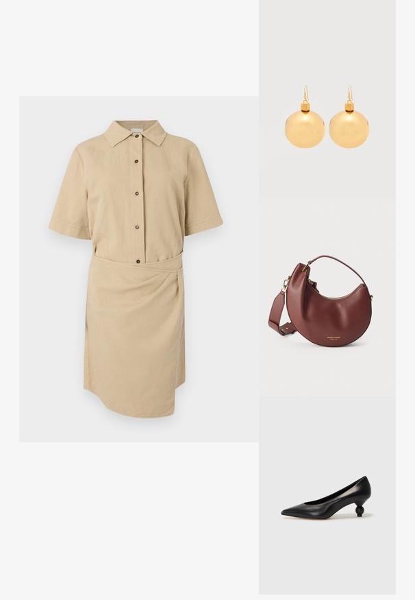 Vestido corto de manga corta color caqui con cuello abotonado, botones en la parte delantera, cintura ceñida con cinturón y dobladillo asimétrico. Tejido de algodón suave.; Zapato de tacón alto de cuero negro con puntera afilada y un tacón redondeado y abombado. Textura suave con un diseño elegante y minimalista.; Bolso de mano marrón de cuero con forma de media luna, cremallera dorada y asa ajustable sobre fondo blanco.; Par de pendientes de bola navideña dorados brillantes con cierre de gancho sobre un fondo blanco liso.
