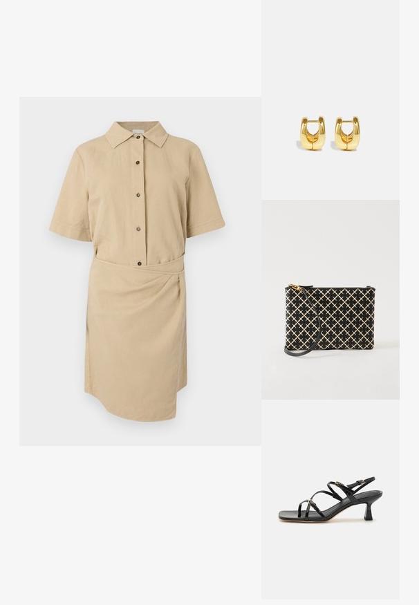 Vestido corto de manga corta color caqui con cuello abotonado, botones en la parte delantera, cintura ceñida con cinturón y dobladillo asimétrico. Tejido de algodón suave.; Sandalias de charol negro con tiras, punta cuadrada y un bajo tacón en bloque. Presenta herrajes en tono dorado y correas en el tobillo ajustables.; Bolso de mano tipo wristlet con estampado en negro y beige, cierre dorado y correa negra desmontable, presentado sobre fondo blanco.; Pendientes de aro de oro con un diseño elegante y redondeado. Presentan un centro hueco y una superficie brillante, complementando estilos modernos.