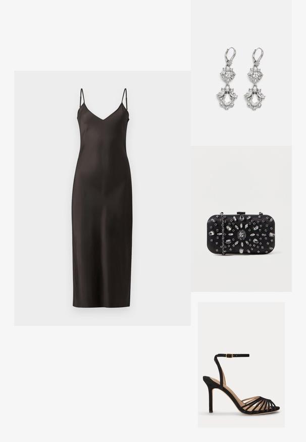 Robe longue en satin noir avec des bretelles fines et ajustables, décolleté en V et une silhouette droite. Texture lisse et design minimaliste.; Sandale à talon haut noire avec bout ouvert, plusieurs fines lanières à l'avant, et une bride de cheville réglable avec une boucle dorée.; Pochette noire de forme rectangulaire, ornée de divers strass disposés en motifs floraux, dotée d'une chaîne en argent pour le transport.; Boucles d'oreilles en métal argenté ornées de plusieurs pierres précieuses en cristal transparent en forme de goutte et de marquise, avec des fermoirs à levier et des détails complexes.