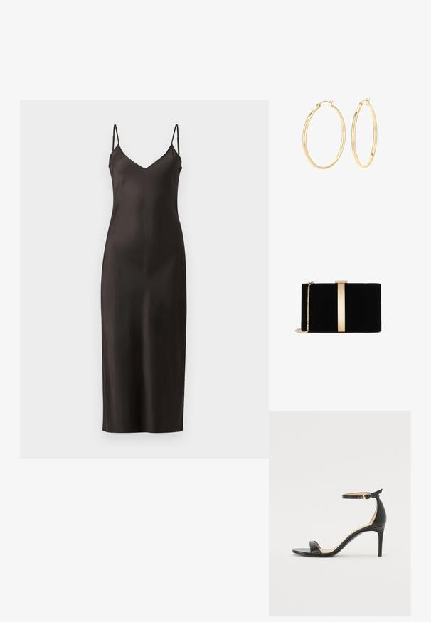 Schwarzes Satin-Nachthemd mit dünnen verstellbaren Trägern, V-Ausschnitt und geradem, bodenlangem Schnitt. Glatte Textur und minimalistisches Design.; Schwarze Leder-high-heeled Sandale mit Knöchelriemen. Verfügt über eine glatte Textur, offene Zehen und einen dünnen Absatz. Goldfarbener Schnallenakzent.; Schwarze Samt-Clutch mit einem goldfarbenen Metallelement in der Mitte, ausgestattet mit einem Kettenriemen und einer eleganten rechteckigen Form.; DIAMANT L'ÉTERNEL HOOP - Ohrringe - yellow gold-coloured
