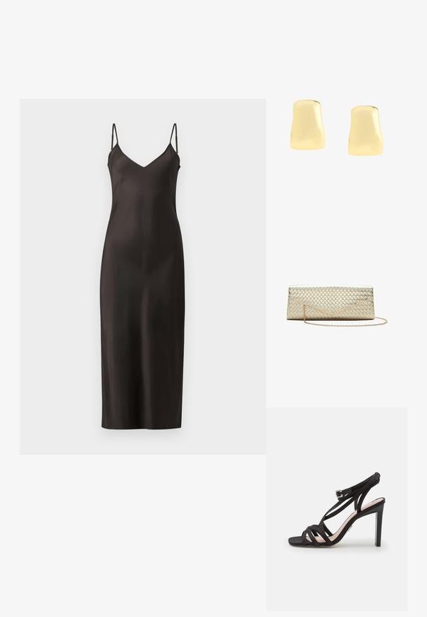 Schwarzes Satin-Nachthemd mit dünnen verstellbaren Trägern, V-Ausschnitt und geradem, bodenlangem Schnitt. Glatte Textur und minimalistisches Design.; Bronx ALADIN - Riemensandalette - black; Rechteckige goldene Clutch mit gestepptem Muster und einem dünnen goldenen Kettenriemen auf weißem Hintergrund.; Ein Paar glatte, glänzende rechteckige Ohrstecker aus Gold mit leicht gewölbten Kanten auf einem weißen Hintergrund.