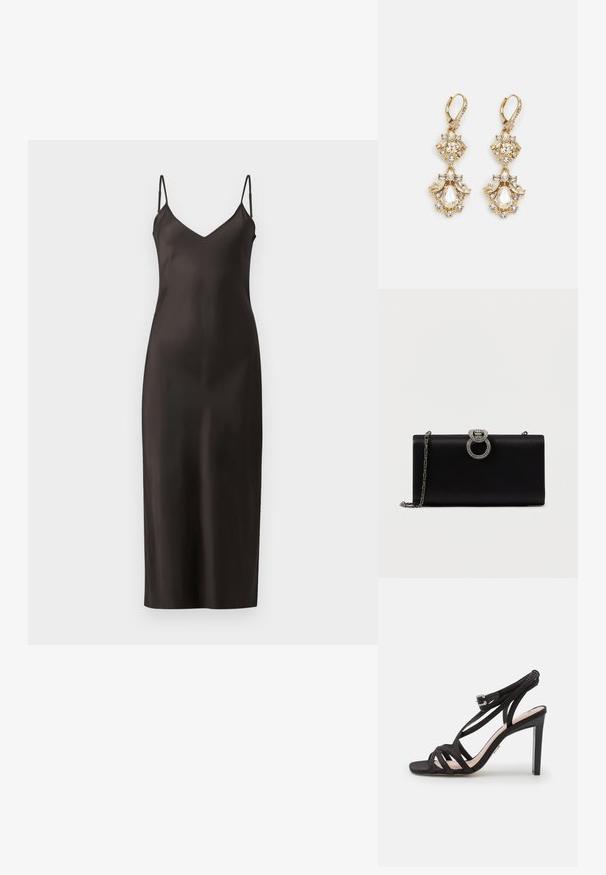 Schwarzes Satin-Nachthemd mit dünnen verstellbaren Trägern, V-Ausschnitt und geradem, bodenlangem Schnitt. Glatte Textur und minimalistisches Design.; Bronx ALADIN - Riemensandalette - black; Schwarze Satin-Clutch mit einem silberfarbenen, rundenverschluss, der mit Strasssteinen verziert ist. Sie verfügt über eine abnehmbare Kettenriemen.; Ohrringe mit Gold-Finish im Design eines Clusters, das runde und tropfenförmige klare Kristalle zeigt und aufwendige Details präsentiert.