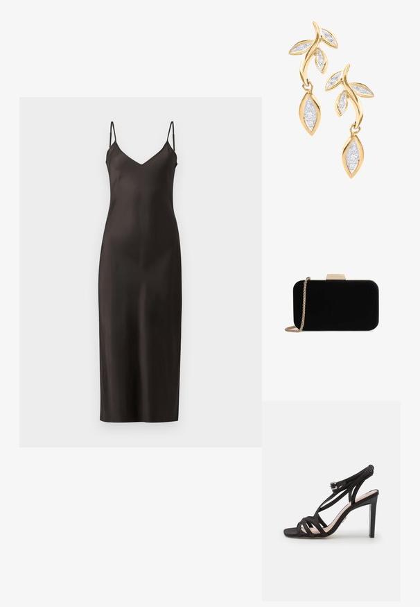 Zwarte satijnen slipdress met dunne verstelbare banden, een V-halslijn en een rechte, vloerlange silhouet. Glad textuur en minimalistisch ontwerp.; Bronx ALADIN - Sandalen - black; Zwarte fluwelen clutch met gouden hardware, rechthoekige vorm en kettingband, met een zachte textuur en zonder zichtbare patronen.; DIAMANT L'ÉTERNEL Oorbellen - gold coloured