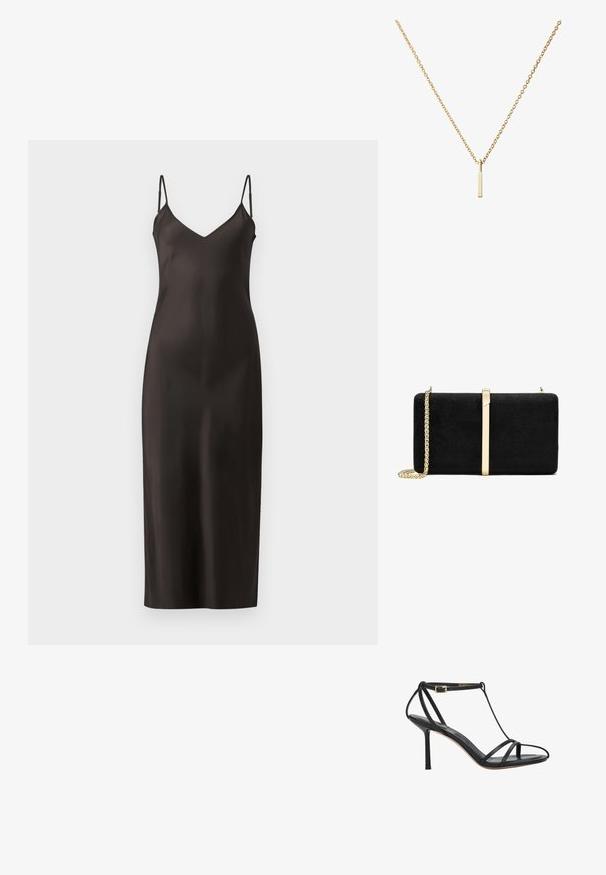 Zwarte satijnen slipdress met dunne verstelbare banden, een V-halslijn en een rechte, vloerlange silhouet. Glad textuur en minimalistisch ontwerp.; Zwarte hoge hak sandaal met dunne bandjes, enkelgesp en een smalle hak, zijaanzicht op een witte achtergrond.; Zwarte suede clutch tas met een gladde rechthoekige vorm, voorzien van een gouden metalen accent en een kettingstrap.; Gouden halsketting met een delicate ketting en een rechthoekige hanger met een gladde, gepolijste afwerking. Eenvoudig en minimalistisch ontwerp.
