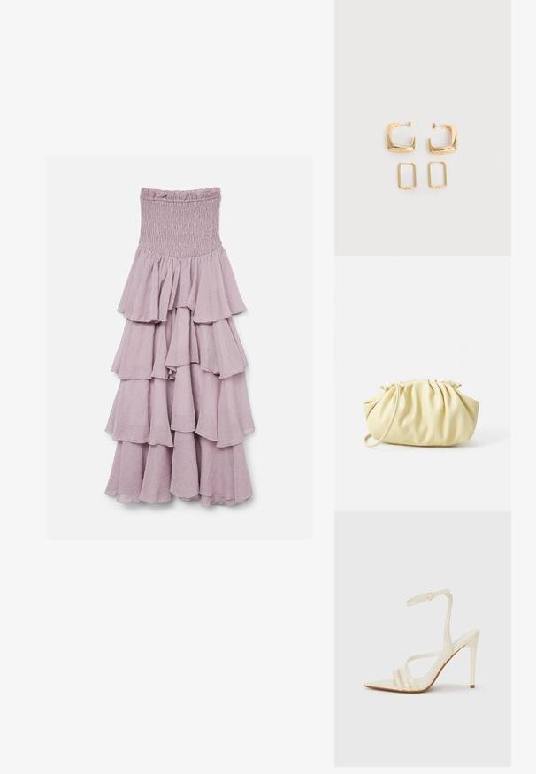 Lavendelkleurige strapless jurk met een geplooide lijfje en meerdere gelaagde ruches op een vloeiende rok.; Beige sandalen met hoge hak en een puntige neus, voorzien van drie voorste bandjes en een dunne enkelband met een gesp. Gladde textuur, minimalistisch ontwerp.; Geel geplooide handtas van soepel nepleer, met een zachte vorm, een enkele schouderriem en een verzameld ontwerp aan de bovenkant.; Twee paar gouden geometrische creolen op een effen witte ondergrond, een paar vierkant en massief, een paar rechthoekig en hol.