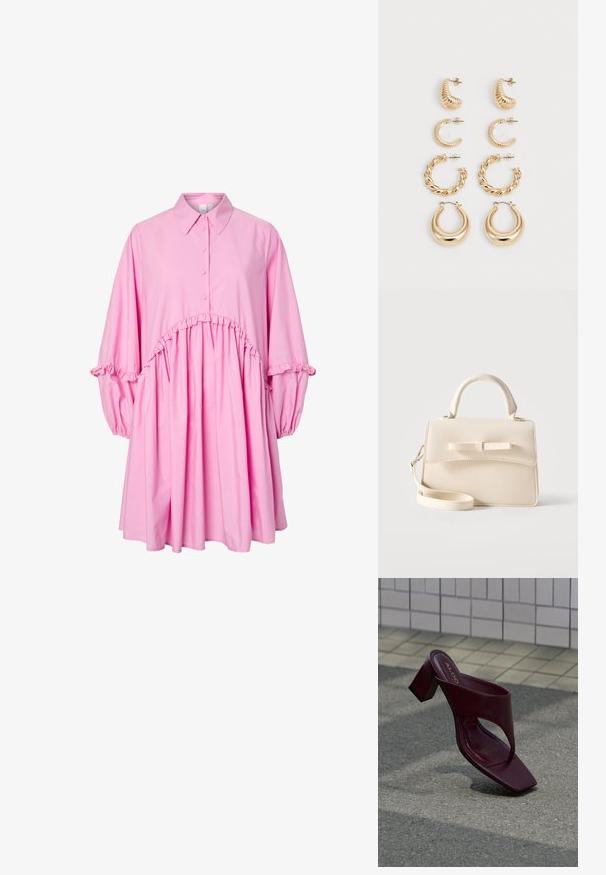 Vestido largo de manga larga rosa con cuello, botón en la parte delantera, cintura fruncida y detalles de volantes en las mangas y la cintura.; Sandalia de tacón alto de color rojo oscuro con puntera cuadrada y tira ancha, situada sobre un fondo de superficie de baldosas y asfalto.; Pequeño bolso beige con asa superior, correa desmontable, solapa frontal y lazo decorativo horizontal sobre un fondo liso.; Conjunto de cinco pendientes de oro, con distintos diseños: superficies retorcidas, estriadas y lisas en formas de aro y media luna.