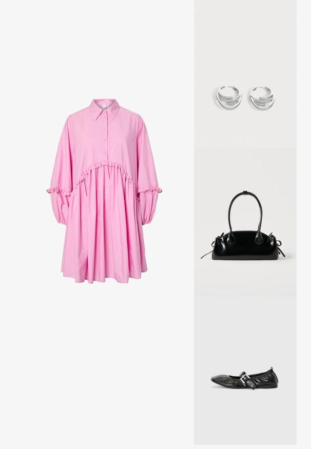 Rosa Langarmkleid mit Kragen, Knopfleiste, gerafftem Bund und Rüschendetails an Ärmeln und Taille.; Schwarze Leder-Ballerinas mit spitzem Zehenbereich, gerafften Details am Schaft und einem silbernen Schnallenakzent am verstellbaren Riemen.; Kleine schwarze glänzende Handtasche mit zwei langen Griffen und seitlichen Kordelzug-Details vor einfachem hellem Hintergrund.; Paar polierte silberne Creolen mit geschichtetem, gebogenem Stabdesign auf einem einfarbigen hellen Hintergrund.