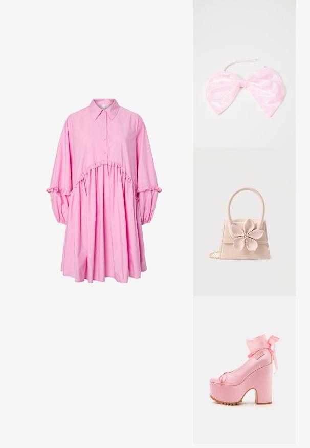 Rosa Langarmkleid mit Kragen, Knopfleiste, gerafftem Bund und Rüschendetails an Ärmeln und Taille.; Pinkfarbener Plateau-Pumps mit dickem Blockabsatz, Knöchelbändern, die zu einer Schleife gebunden sind, und profillierter Sohle.; Kleine hellrosa Handtasche mit großer Blumendekoration, die einen Perlen- und Strassstein-Mittelpunkt aufweist, oberem Griff und goldenem Kettenriemen.; Rosa, glänzendes Haaraccessoire in Form einer großen Schleife, mit glatter Textur und einem dünnen Riemen zum Befestigen.