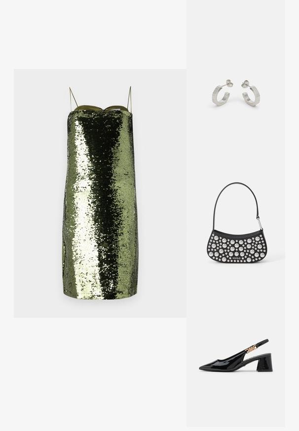 Groene sequin jurk met een rechte snit, dunne verstelbare bandjes, gekenmerkt door een reflecterende textuur en een slanke silhouet.; Zwarte gepatineerde leren slingback pumps met een spitse neus en goudkleurige hardware op de band, met een blokhak. Glad textuur.; Zwarte leren handtas met een gebogen vorm, voorzien van zilveren studs in verschillende maten en een korte schouderband. "HUGO" logo gedrukt aan de voorkant.; Zilveren metalen hoepel oorbellen met een gestructureerd ontwerp, voorzien van een kleine post achter en branding op een van de hoepels. Ronde vorm met een gepolijste afwerking.