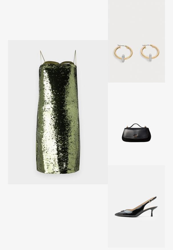 Grünes Paillettenkleid mit geradem Schnitt, dünnen verstellbaren Trägern, einem reflektierenden Material und einer schlanken Silhouette.; Schwarzer Pumps mit Riemchen aus Lackleder, spitz zulaufender Zehenpartie, kleinem Kitten-Heel und silberner Schnalle auf weißem Hintergrund.; Schwarze Lederhandtasche mit kleinem Griff, goldfarbenem "cK" Logo auf der Frontklappe und goldfarbenen Hardware-Akzenten.; Paar goldfarbene Creolen mit kleinem silberfarbenem Schlaufen-Detail an jeder, vor hellem grauem Hintergrund präsentiert.