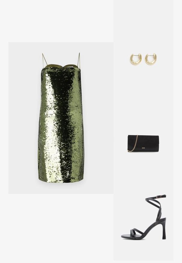 Robe à paillettes vertes avec une coupe droite, fines bretelles ajustables, présentant une texture réfléchissante et une silhouette élancée.; Sandales à talons hauts noires au design élégant, avec deux fines brides sur les orteils et une bride croisée à la cheville avec une boucle.; Porte-monnaie noir en daim avec une finition texturée, doté d'une chaîne dorée et d'un design épuré et angulaire.; Boucles d'oreilles en or avec une finition lisse et polie. Doté d'une forme en demi-cercle et d'une fermeture à tige sécurisée.