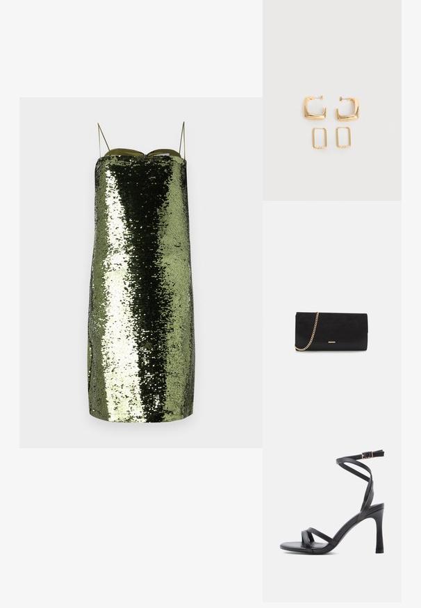 Grünes Paillettenkleid mit geradem Schnitt, dünnen verstellbaren Trägern, einem reflektierenden Material und einer schlanken Silhouette.; Schwarze Sandaletten mit hohem Absatz und schlankem Design, ausgestattet mit zwei schmalen Riemen über den Zehen und einem gekreuzten Knöchelriemen mit Schnalle.; Schwarze Clutch aus Wildleder mit strukturierter Oberfläche, ausgestattet mit einem goldenen Kettenriemen und einem eleganten, kantigen Design.; Zwei Paare goldfarbener geometrischer Creolen auf einer schlichten weißen Oberfläche, ein Paar quadratisch und massiv, ein Paar rechteckig und hohl.