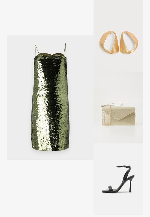 Vestido verde de lentejuelas con corte recto, tirantes delgados ajustables, que presenta una textura reflectante y una silueta ajustada.; Sandalia negra de tacón alto con una correa delgada en el tobillo y dos bandas en la parte frontal. Hecha de cuero suave con una punta afilada y tacón de aguja.; Bolso de mano de malla dorada con una tapa triangular, correa de cadena y un acabado suave. Forma rectangular compacta con un sutil brillo.; Par de pendientes de aro dorados irregulares y asimétricos con acabado suave y mate sobre fondo neutro.