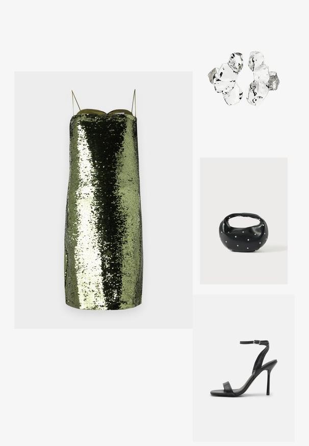 Robe à paillettes vertes avec une coupe droite, fines bretelles ajustables, présentant une texture réfléchissante et une silhouette élancée.; Sandale à talons hauts noire avec une fine sangle au niveau de la cheville et deux bandes à l'avant. Fabriquée en cuir lisse avec un bout pointu élégant et un talon aiguille.; Sac à main en cuir noir de forme arrondie, décoré de clous argentés et équipé d'une poignée courte. Texture lisse et fermeture éclair.; Grappe de six morceaux translucides et réfléchissants de forme irrégulière, ressemblant à du verre, disposés sur un fond blanc.