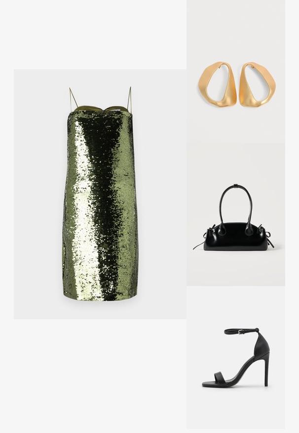Robe à paillettes vertes avec une coupe droite, fines bretelles ajustables, présentant une texture réfléchissante et une silhouette élancée.; Sandale noire à talons hauts au design épuré, avec une bride au niveau de la cheville, un bout ouvert et une texture en cuir lisse.; Petit sac à main noir brillant avec deux longues anses et des détails à cordon sur les côtés sur un fond clair uni.; Paire de boucles d’oreilles créoles en or irrégulières et asymétriques avec une finition lisse et mate sur un fond neutre.