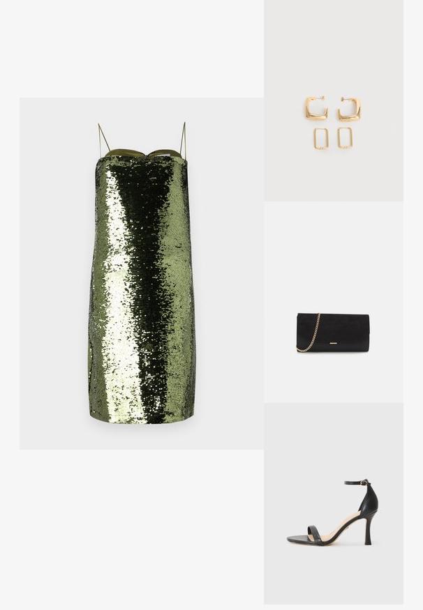 Grünes Paillettenkleid mit geradem Schnitt, dünnen verstellbaren Trägern, einem reflektierenden Material und einer schlanken Silhouette.; Schwarze Leder-High-Heel-Sandale mit dünnem Knöchelriemen, offener Zehenpartie und einem eleganten, geschwungenen Absatz. Strukturiertes Sohlenprofil und minimalistisches Design.; Schwarze Clutch aus Wildleder mit strukturierter Oberfläche, ausgestattet mit einem goldenen Kettenriemen und einem eleganten, kantigen Design.; Zwei Paare goldfarbener geometrischer Creolen auf einer schlichten weißen Oberfläche, ein Paar quadratisch und massiv, ein Paar rechteckig und hohl.